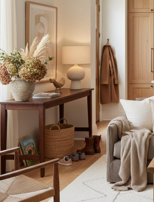 Dotéa Home minimalist, warm-toned dining room. High-end shatter-proof home goods for family-friendly luxury.